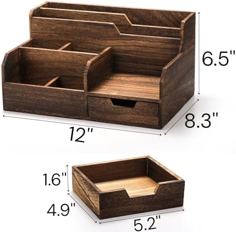 Pumtus Brown Wooden Desk Organizer, Mail Organizer with 7 Compartments and Drawer, Rustic Mail Sorter with Pen Holder, Tabletop Mail Basket, Office Accessories Holder for File Letter Document - Image 2
