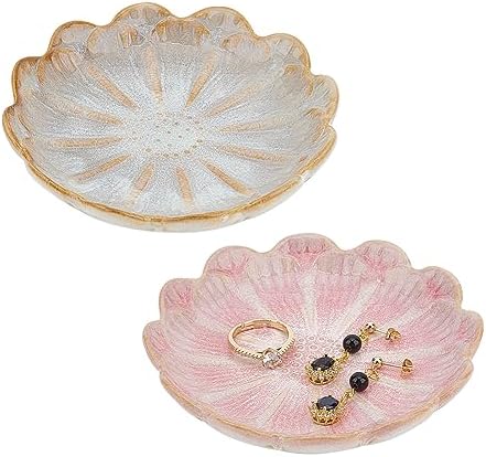 NBEADS 2 Pcs Ceramic Jewelry Tray, Lotus Flower Ring Dish Holder Porcelain Trinket Tray Decorative Trinket Plate for Ring Necklace Bracelet Jewelry Watch Key Gift, Whitesmoke/Pink by NBEADS