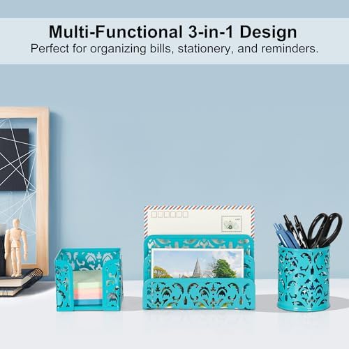 EasyPAG Desk Organizers and Accessories 3 Pieces Office Organizer Set - Pen Holder for Desk, Mail Sorter Countertop and Sticky Note Holder, Dark Teal - Image 2