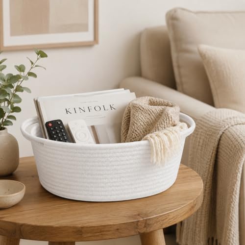 ABenkle Small Basket with Handles, Boho Decorative Rope Woven Dog Cat Toy Storage Bin Shelf Storage Organizer, Easter Christmas Gift Basket, 12"x8"x5", White - Image 5