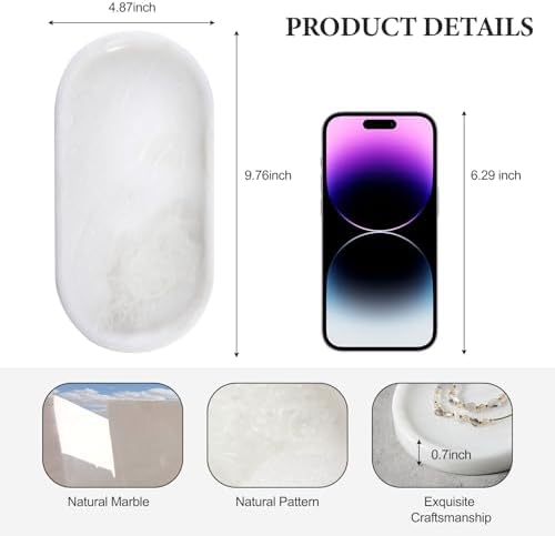 Koville African Natural White Marble Decorative Tray, 10" x 5" Marble Vanity Tray for Bathroom Countertop Organizer Stone Trays, Catchall Tray for Perfume, Candles, Jewelry (Namib Bianco White) - Image 2