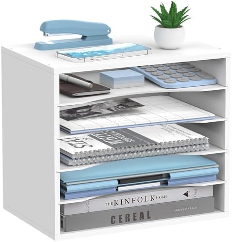 5-Tier Paper Organizer for Desk, Adjustable Mail Organizer, White by SHARKWOODS