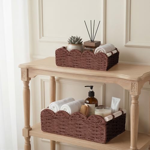 iEGrow Paper Rope Small Storage Baskets for Organizing, Set of 2 Scalloped Edge Wicker Basket with Wooden Handles Toilet Paper Basket for Over Toilet Storage Shelf, Home Decor, Living Room (Brown) - Image 6
