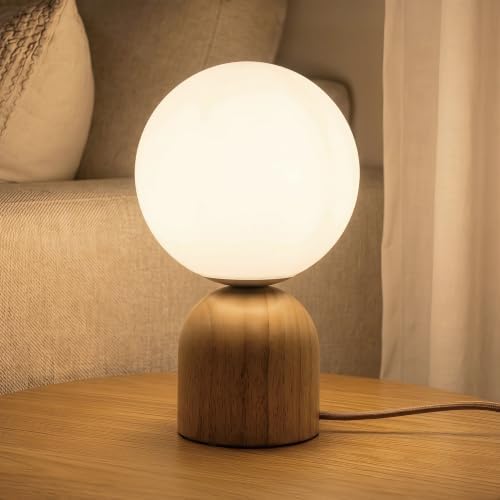 9.8" Dimmable Solid Wood Table Lamp with Opal Glass Globe Shade, Natural by Keazile