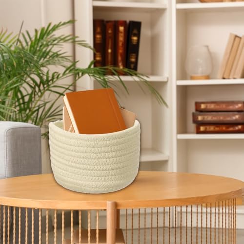 uxcell Khaki Small Cotton Rope Woven Storage Basket, Shelf Closet Storage Gift Woven Baskets Cute Nursery Box Bin Decor Organization Bin for Home Supply, Round, 5.6x3.6 - Image 7