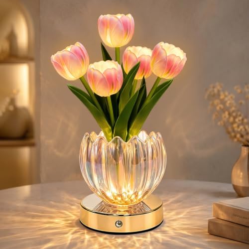 Flower Table Lamp, 3 Color Tulip Night Light, Rechargeable Cordless Touch Dimming Artificial Flower Light, LED Flower with Glass Vase Lamp for Girls Women Mom (Pink Tulip) by GOUTOOL