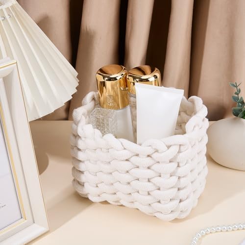 CREATCABIN Woven Small Baskets Cotton Rope Baskets for Organizing Bins White Mini Tiny Baskets Boho Square Storage Basket for Nursery Cosmetics Living Room Bathroom Cube Shelf Home Decor 7x5x6Inch - Image 3