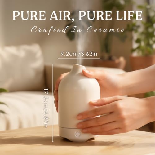 Essential Oil Diffuser, Ceramic Oil Diffuser, 120ML Scent Diffuser for Home, Ultrasonic Aromatherapy Diffuser, Cool Mist Humidifier with 7 Led Light, Auto Shut-Off, White - Image 2