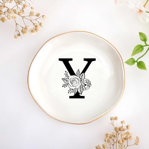 JoycuFF Initial Y Ceramic Jewelry Tray, Bridesmaid Bride Gifts, Mothers Day Christmas Anniversary Engagement Birthday Gifts for Women Couples, Trinket Dish for Rings Earrings Necklaces Bracelets Keys by Joycuff