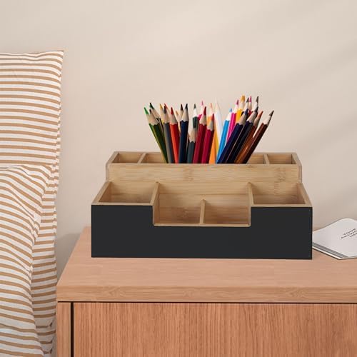 Relaxdays Bamboo Desk Organiser, 7 compartments, HxWxD: 11x30x15 cm, Office Storage, Desk Box, Black/Natural - Image 2