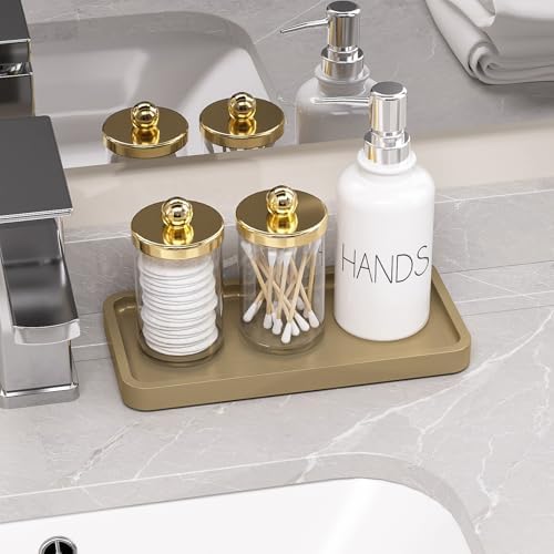 Weenson Gold Bathroom Vanity Tray for Countertop Makeup Perfume Jewelry Decor Candle Keys, Bamboo Kitchen Tray for Soap Dispenser Spice, Small Toilet Tray Nightstand 7.9" L x 4" W x 0.79" H - Image 4