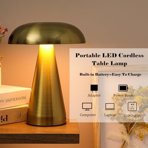 VIHOSE 2 Sets Cordless Lamp Gold, LED Mushroom Metal Table Lamps - Image 3
