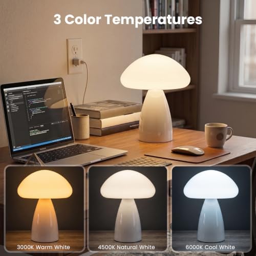 Mushroom Lamp, 3 Color Modes Stepless Dimmable Table Lamp, Retro Ceramic Base Bedside Lamp, Decorative Lamp for Bedroom, Nursery, Nightstand (White) - Image 2