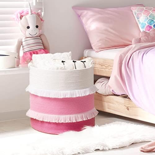 CherryNow 60L Woven Rope Baby Basket with Tassel, 17" x 16", Pink - Image 3