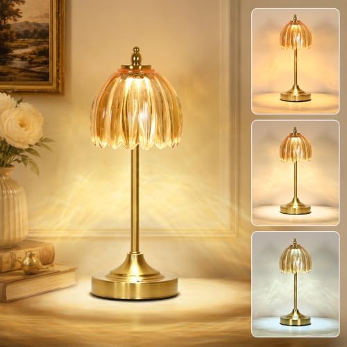 Glass Tulip Table Lamp, Cordless Rechargeable Desk Lamp - Amber by Unknown