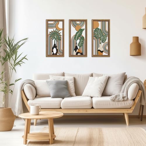 KAIRNE Boho Wooden Wall Art,Bohemian Wood Wall Decor Set of 3(16”X8”),Farmhouse Geometric Hanging Decor,Abstract Minimalist Sun Moon Artwork for Living Room Bedroom Nursery Office Decoration,Framed - Image 4