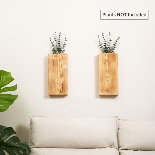Wood Wall Planter Set of 2, Wood Wall Pocket for Greenery and Dried Flowers, Indoor Wood Hanging Vase, Modern Farmhouse Wall Decor for Living Room Bedroom Office Eucalyptus Stems Decorations (Retro) - Image 3