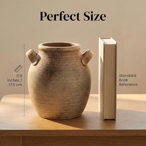 Vintage Ceramic Vase with Handle, 7 Inch Farmhouse Rustic Pot, Retro Table Centerpiece for Coffee Desk, Living Room Bookshelf & Fireplace Dining Room Mantel Decor - Image 5