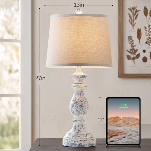 PARTPHONER Traditional Table Lamp Set of 2, Rustic Farmhouse Table Lamps for Living Room Bedroom, 27" Bedside Desk Lamps Vintage Nightstand Lamps with Linen Shades, Washed Blue - Image 3
