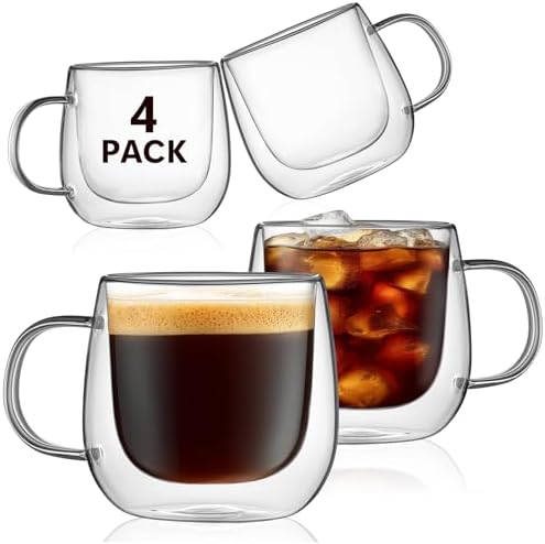 4 Pack Double Walled Glass Coffee Mugs, 16 oz Large Insulated Clear Coffee Cups with Handle, Cappuccino Mug for Espresso, Latte, Americano, Tea Bag, Beverage, Heat & Cold Resistant by Unknown