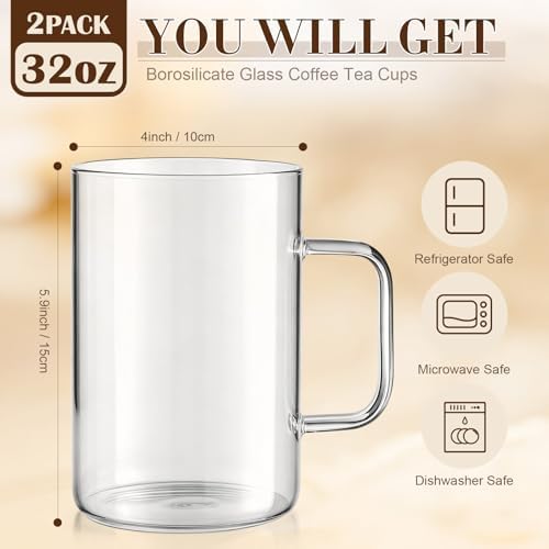 2 Pack 32 oz Extra Large Glass Coffee Mugs Borosilicate Cups with Handle - Image 2