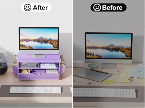 gianotter Desk Organizers and Accessories, Monitor Stand with Drawer and 2 Pen Holder, Desktop Organizer Suitable for Offices and Dormitories (Matte Purple) - Image 7