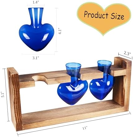 Kingbuy 3-Heart Plant Terrarium Kit with Vintage Wood Stand - Stained Glass Vase Propagation Station, Wall-Mounted & Tabletop Indoor Decor for Home Kitchen Wedding Gift, Blue - Image 6