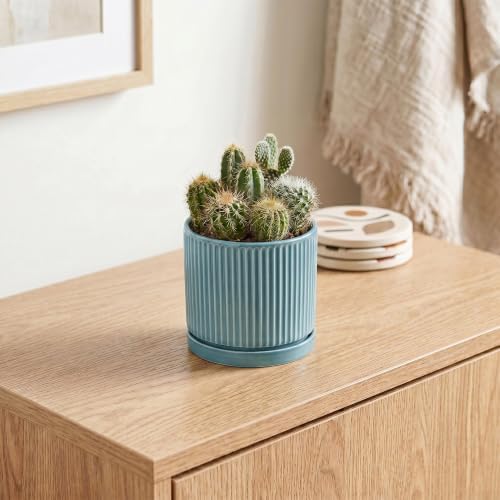 4 Inch Pots for Plants, Ceramic Planter with Saucer, Glaze Blue - Image 5