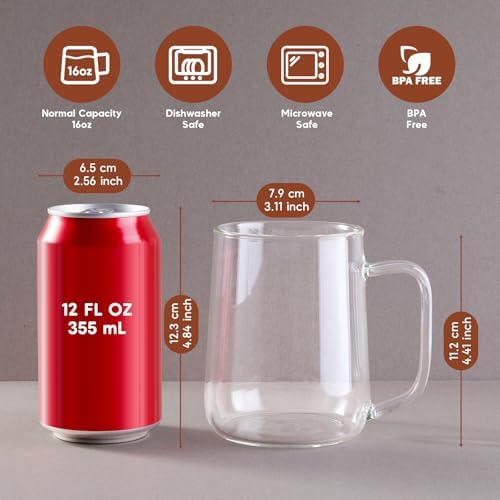 Glass Coffee Mugs, 16 oz Glass Coffee Cups Set of 2, Clear Borosilicate Glass Mugs with Handles for Cappuccino, Tea, Latte, Hot/Cold Beverages, Wine, Americano - Image 2