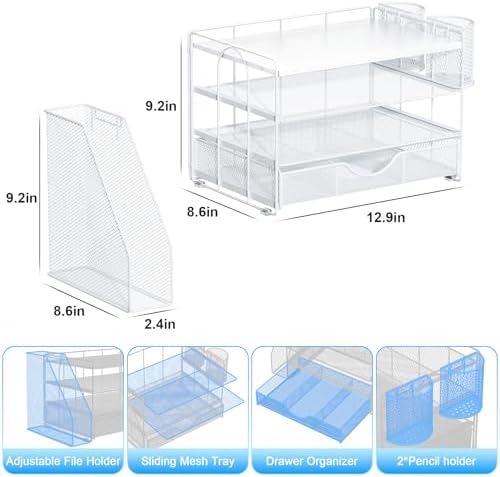 gianotter Wood Desk Organizers and Accessories with File Holder, 4-Tier Desk Accessories & Workspace Organizers with Drawer and 2 Pen Holder, Desk Reference Organizer (White, 4T with Metal Drawer) - Image 5