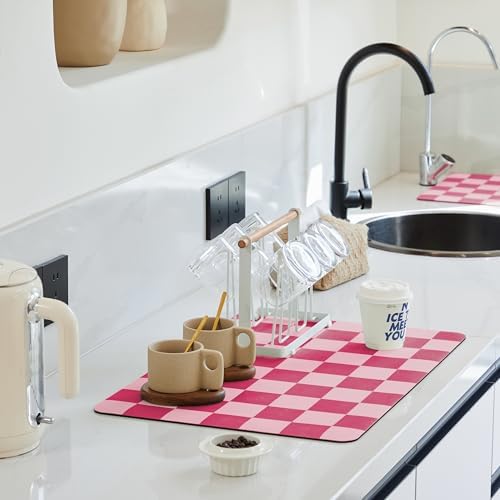 Ohocut Checkered Dish Drying Mat for Kitchen Counter, Coffee Bar Station Accessories, Retro Cute Aesthetic Modern Absorbent Drainer Mat Kitchen Drying Mat Easy Clean, Hot Pink 12" x 19" by Ohocut