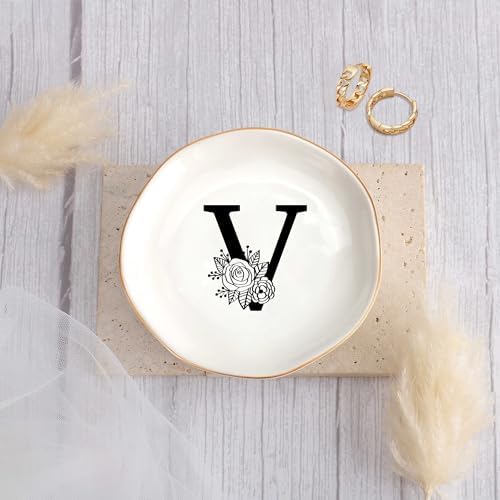 JoycuFF Initial V Ceramic Jewelry Tray, Bridesmaid Bride Gifts, Mothers Day Christmas Anniversary Engagement Birthday Gifts for Women Couples, Trinket Dish for Rings Earrings Necklaces Bracelets Keys - Image 2