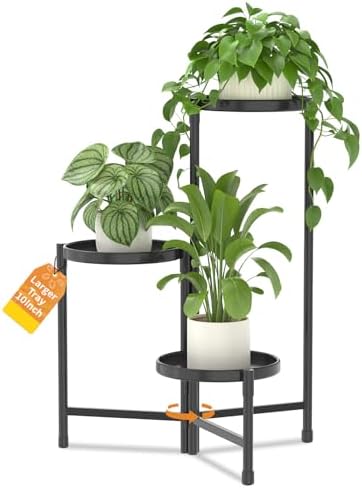 LASZOLA Plant Stand Indoor with 10 Inch Large Metal Tray, 3 Tier Black by LASZOLA