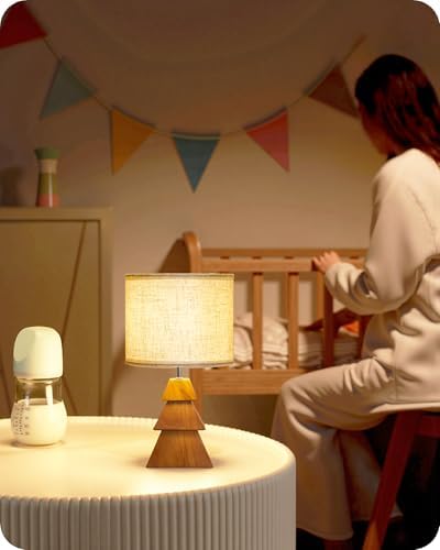 Wood Table Lamp, Wood Bedside Lamp with Tree-Shaped Base & Linen Lampshade, Modern Cute Desk Lamp for Living Room, Bedroom, E26 Base, Bulb Not Included, Beige and Dark Natural LE08TL05 - Image 5