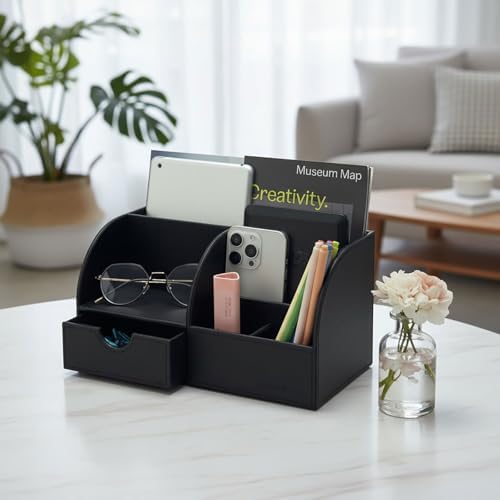 UnionBasic Desk Organizer - Multifunctional Leather Desktop Pen Holder Storage Box - Business Card/Pen/Pencil/Mobile Phone/Stationery Holder, Black - Image 5