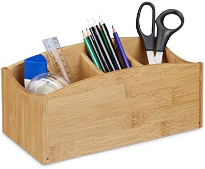 Relaxdays Bamboo Desk Organiser, Pen Holder with 4 Compartments, Natural Grain, HBT: Approx. 11.5 x 26 x 13 cm, Natural by Relaxdays