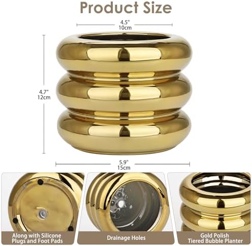 Briful Gold Ceramic Planter Pot with Drainage Hole 6in Polished Tiered Bubble Flower Planter Garden Pot for Indoor Plants Modern Home Office Decor - Image 2