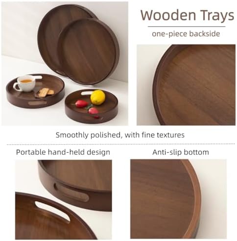 11.8 Inch Rustic Wood Serving Tray with Handles-Small Round, Decorative Tray for Kitchen Living Room Coffee Table Candle Display Breakfast in Bed, Multi-Functional Food & Beverage Tray Farmhouse Style - Image 4