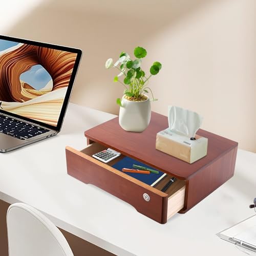 1-Tier Desktop Storage Box with Lockable Drawer, Wooden Desk Organizer for Office Supplies, Flat File Cabinet, Minimalist Design for Home & Office Use(Walnut) - Image 5