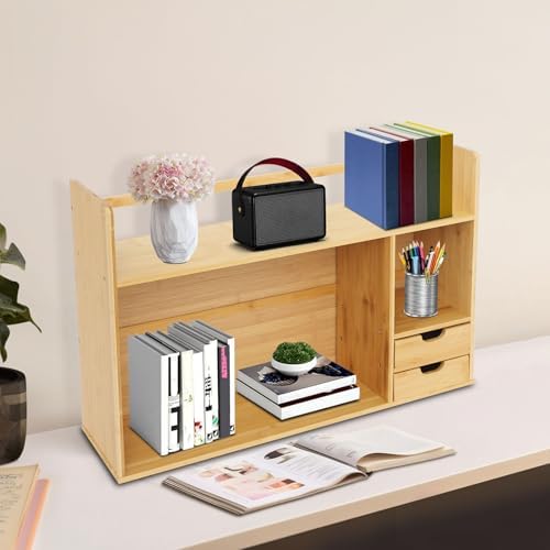 Bamboo Desktop Bookshelf with 2 Drawers, Small Bookcase for Students Study, Tow Shelves Office Desk Bookshelf Organizer, Books Paper Sorter Shelf on Desk - Image 6