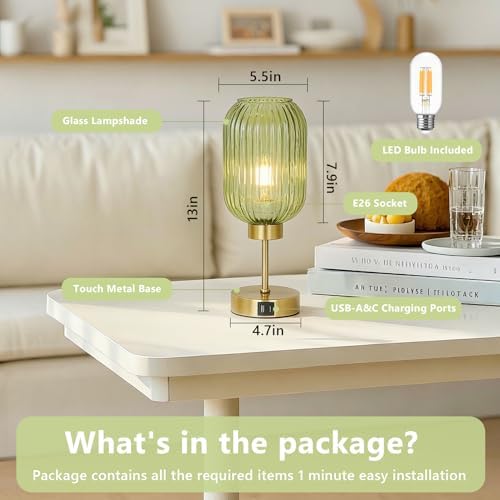 LAMSU Vintage Table Lamp for Bedroom with Bulb, Small Green Glass Beside Lamp with USB Ports, 3 Way Dimmable Gold Desk Lamp, Mid Century Modern Nightstand Lamp for Living Room, Office, Home Decor - Image 4