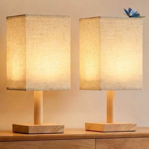 Small Table Lamp Set of 2 with Linen Shade & Wood Base by Oizuon
