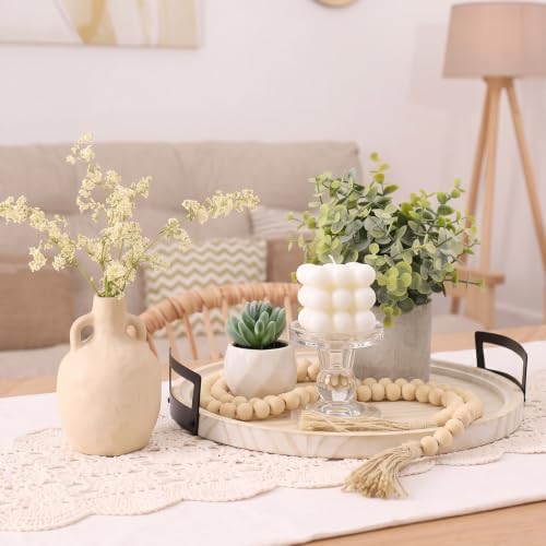 Novabright 12.6 Inch Large Round Decorative Tray with Bead Garland and Eucalyptus Potted Plants, Boho Whitewashed Farmhouse Coffee Table Centerpiece Vintage Wooden Tray for Living Room, Kitchen - Image 4