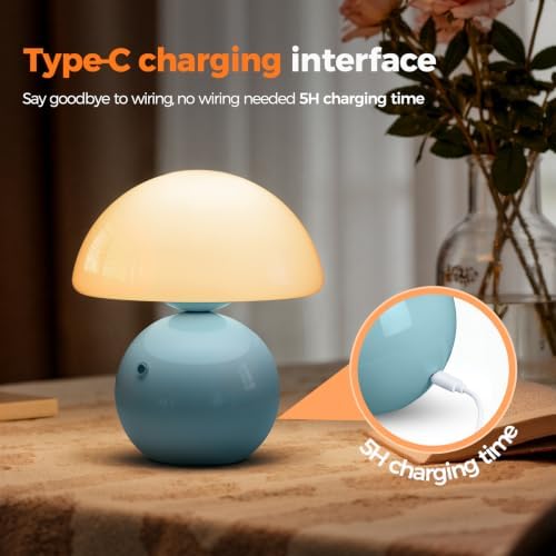 NIORSUN Mushroom Lamp Table Lamp for Bedroom, Portables Cordless Table Lamp,Wireless lamp,Small Bedside Table Touch Lamps for Living Room,Mini Mushroom 5200mAh Battery Operated Lamp Modern Blue - Image 3