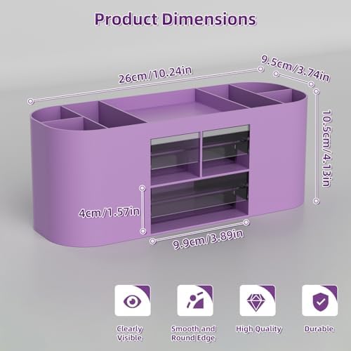 Marbrasse Pen Holder for Desk with 3 Drawers, Multi-Functional Pencil Holder, Desk Organizers and Accessories with 7 Compartments for Home, School, Classroom (Purple) - Image 5