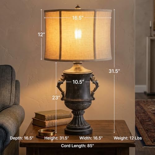 Signature Design by Ashley Morvanford Table Lamp with 3-Way Switch, 85-Inch Cord, Vintage Polyresin Base, Fabric Shade for Living Room Nightstands, Antiqued Black, 31" Tall - Image 3