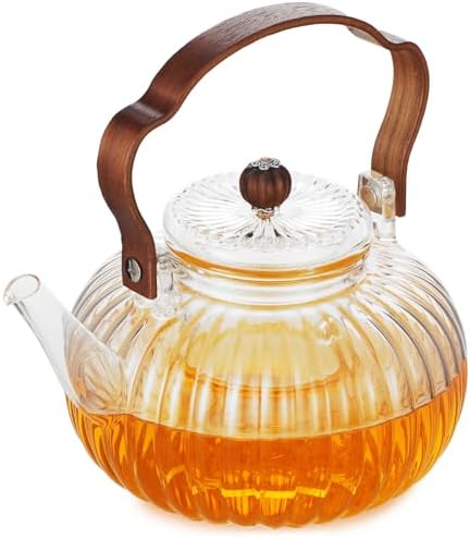 40OZ/1200ML Glass Pumpkin Teapot with Removable Infuser & Lid, Stovetop & Microwave Safe Clear Borosilicate Glass Tea Maker Water Kettle for Loose Leaf Blooming Tea by GURUDAR