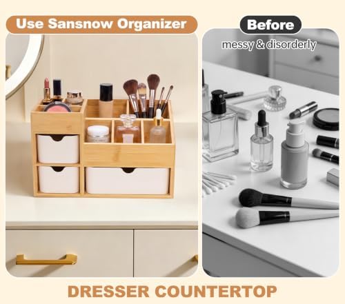 Bamboo Desktop Organizer with 3 Drawers, Drawer Tabletop Storage Organization Box for Home/Office, 3-Tier Makeup Vanity Organizer for Dresser Countertop, Detachable Divider - Image 4