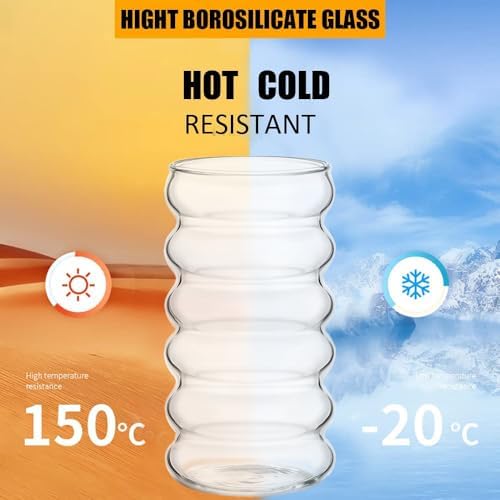 ALINK Ribbed Drinking Glass Cups with Straws Set of 4, 16 oz Aesthetic Iced Coffee Glasses, Wave Bubble Tumbler, Ripple Glassware, Beer Glasses for Coctail, Milk, Soda, Gift with Brush - Image 4