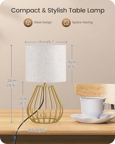 Gold Table Lamp, 12.6'' Small Table Lamp with Beige Linen Lampshade & Gold Cage Base, Modern Little Cute Desk Lamp, Bedside Lamp for Bedroom, Living Room, 2700K LED Bulb Included, DE06TL05 - Image 4